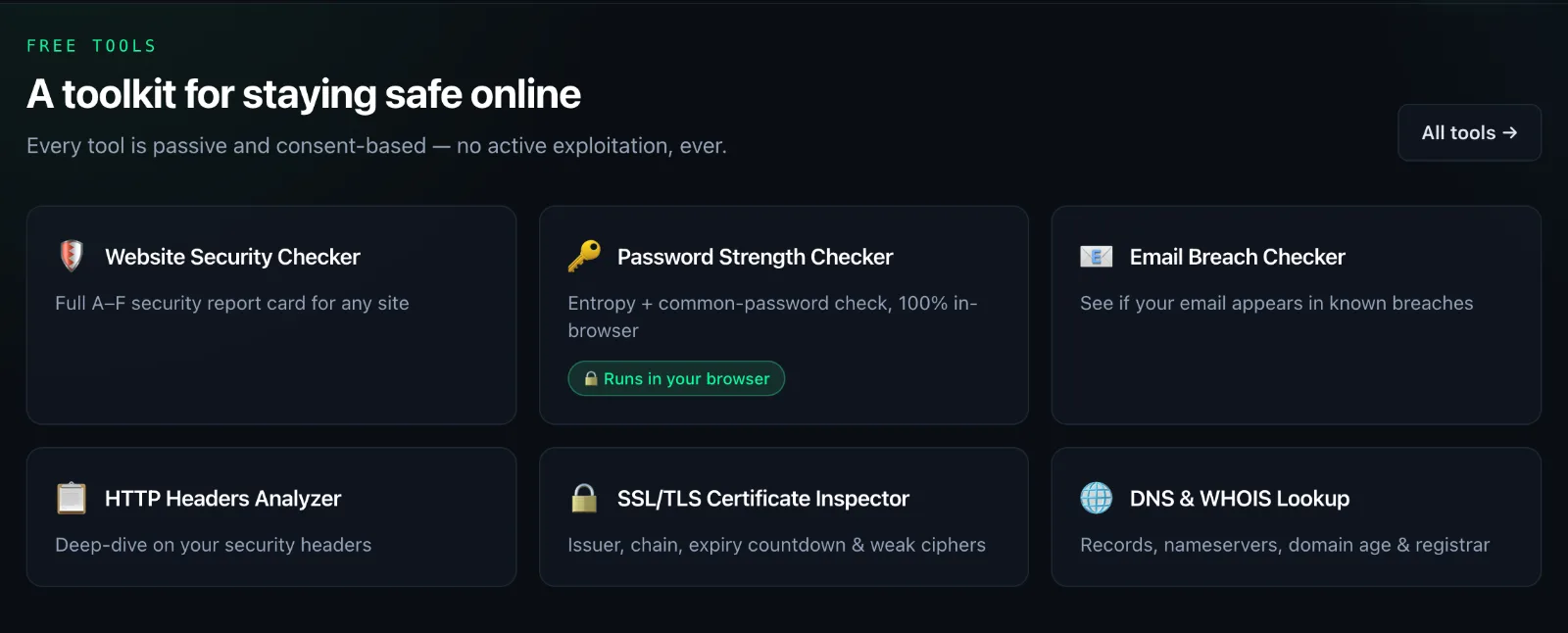 The hacking.pk free tools grid, listing the six headline security utilities