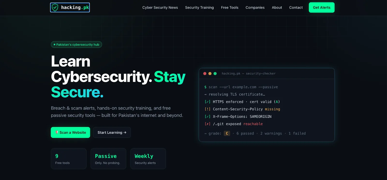 The hacking.pk homepage, with a live security-checker terminal preview beside the headline